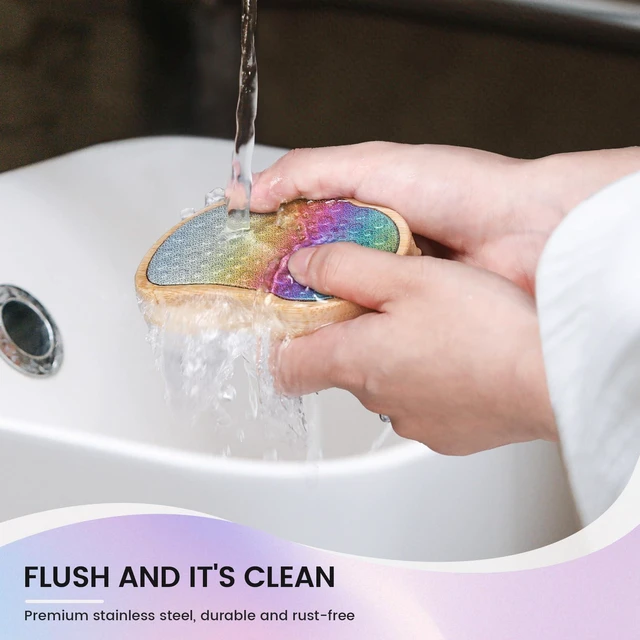 Alt view image 5 of 7 - Stainless Steel Pedi Egg Foot File Callus Remover for Dry and Wet Feet, Smooth Rough Skin, Plastic-Free Pedicure Tool Pumice Stone, Washable Foot Scrubber for Cracked Heels - Rainbow