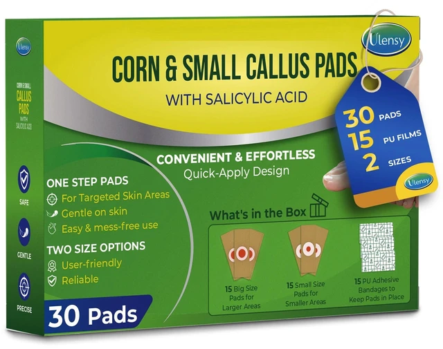 Main image of Corn Remover Pads for Feet Toes: 30-Pack Extra Strength Salicylic Acid | For Small Callus Removal on Hands Too - Foot Corn Treatment Bandage with 15 Secure PU Films, 2 Core Sizes - Fast Pain Relief