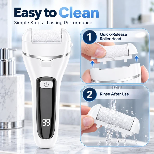 Alt view image 5 of 7 - White Electric Callus Remover, 17-in-1 At-Home Pedicure Kit | Rechargeable foot file with 3 roller heads and 2 speeds, a practical self-care gift for an at-home pedicure routine