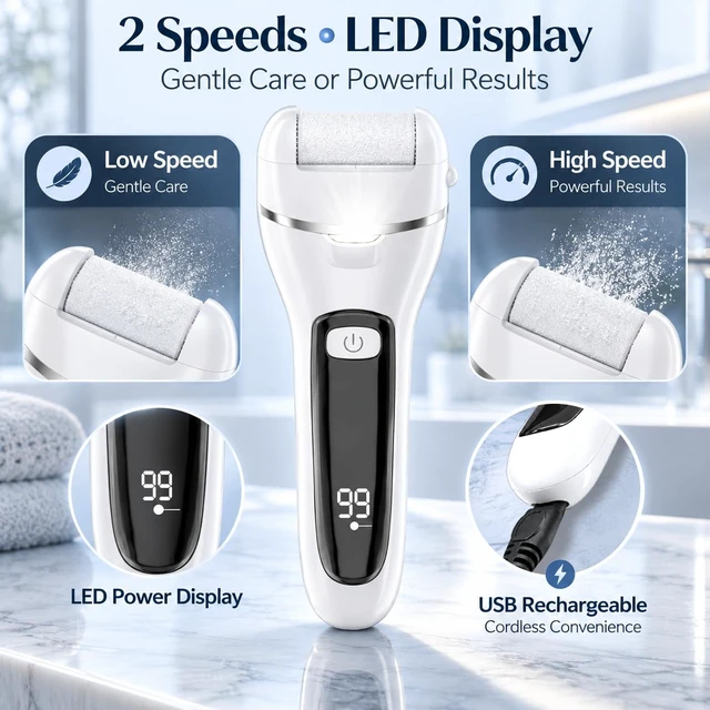 Alt view image 4 of 7 - White Electric Callus Remover, 17-in-1 At-Home Pedicure Kit | Rechargeable foot file with 3 roller heads and 2 speeds, a practical self-care gift for an at-home pedicure routine