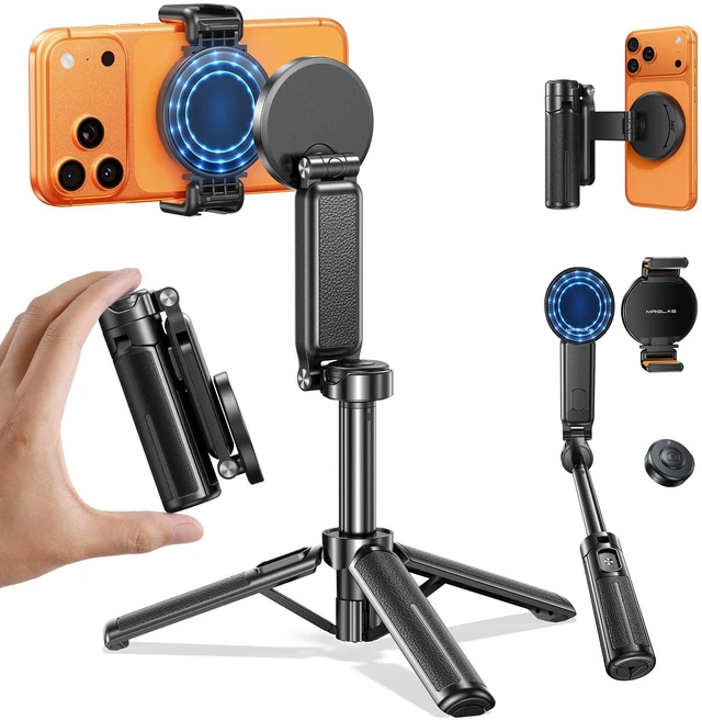 Main image of Max 17" MRGLAS Magnetic Mini Tripod Selfie Stick for iPhone4.5" Pocket | 17" Max Extendable4.5" Pocket Stand with Wireless Remote, Detachable Clamp, 360° Rotatable for MagSafe