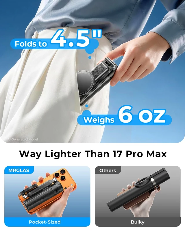 Alt view image 2 of 7 - Max 17" MRGLAS Magnetic Mini Tripod Selfie Stick for iPhone4.5" Pocket | 17" Max Extendable4.5" Pocket Stand with Wireless Remote, Detachable Clamp, 360° Rotatable for MagSafe
