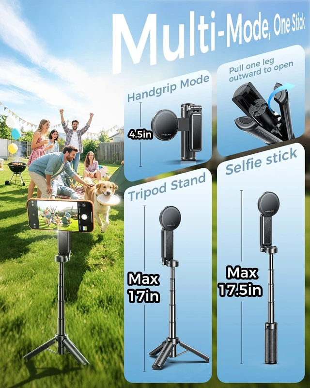 Alt view image 6 of 7 - Max 17" MRGLAS Magnetic Mini Tripod Selfie Stick for iPhone4.5" Pocket | 17" Max Extendable4.5" Pocket Stand with Wireless Remote, Detachable Clamp, 360° Rotatable for MagSafe