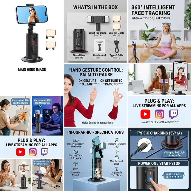 Alt view image 4 of 7 - AI Auto Face Tracking Tripod 360° Smart Phone Holder with Automatic Rotation, Rechargeable Selfie Stand for Live Streaming, TikTok, Video Recording and Video Calls