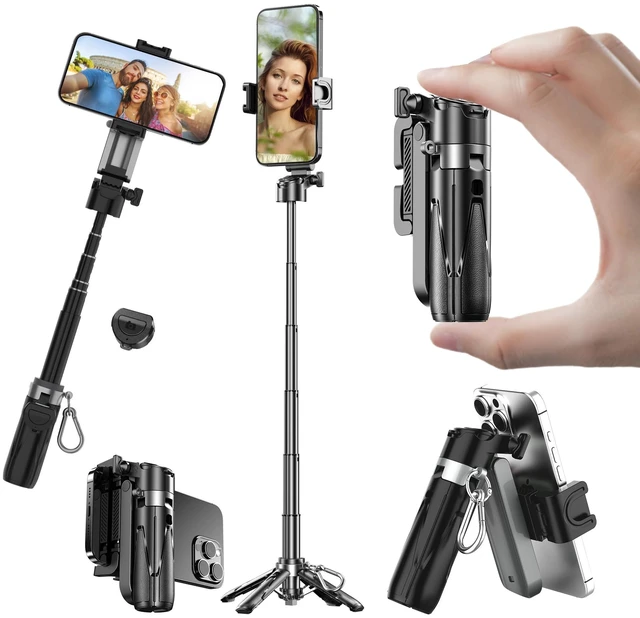 Main image of Mini Selfie Stick Tripod, 3-in-1 Mini Extendable Grip Phone Tripod | with Detachable Remote Pocket Size, Phone Grip, 10m Wireless Shutter, Vlog Livestreaming Photography Black