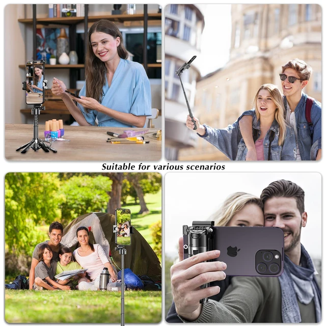 Alt view image 2 of 7 - Mini Selfie Stick Tripod, 3-in-1 Mini Extendable Grip Phone Tripod | with Detachable Remote Pocket Size, Phone Grip, 10m Wireless Shutter, Vlog Livestreaming Photography Black