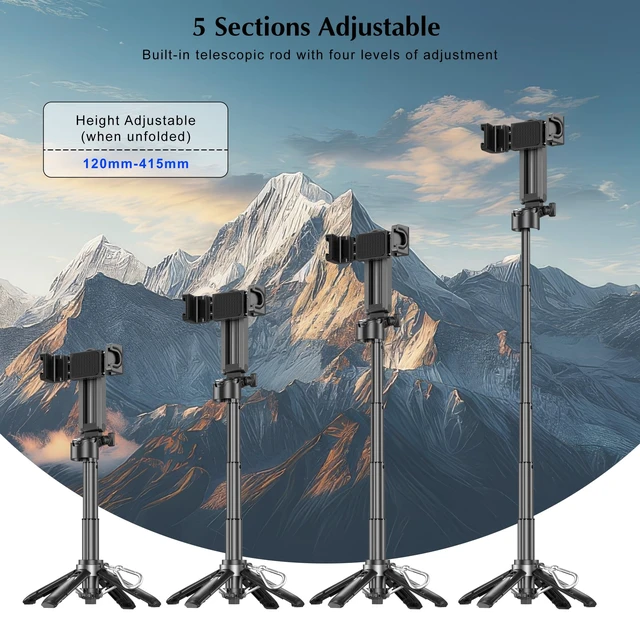 Alt view image 5 of 7 - Mini Selfie Stick Tripod, 3-in-1 Mini Extendable Grip Phone Tripod | with Detachable Remote Pocket Size, Phone Grip, 10m Wireless Shutter, Vlog Livestreaming Photography Black