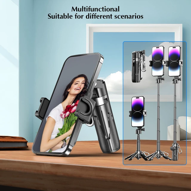 Alt view image 7 of 7 - Mini Selfie Stick Tripod, 3-in-1 Mini Extendable Grip Phone Tripod | with Detachable Remote Pocket Size, Phone Grip, 10m Wireless Shutter, Vlog Livestreaming Photography Black