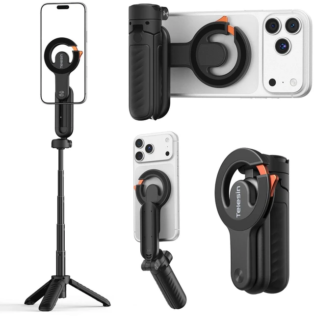 Main image of Magnetic Mini Selfie Stick Tripod with Phone Camera Grip | 5 in 1 Cell Phone Stand with Detachable Button for iPhone 17 16 15 14 & Android, Pocket Size Phone Tripods with Carabiner
