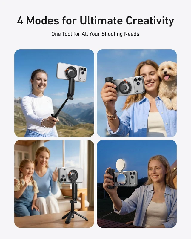 Alt view image 2 of 7 - Magnetic Mini Selfie Stick Tripod with Phone Camera Grip | 5 in 1 Cell Phone Stand with Detachable Button for iPhone 17 16 15 14 & Android, Pocket Size Phone Tripods with Carabiner