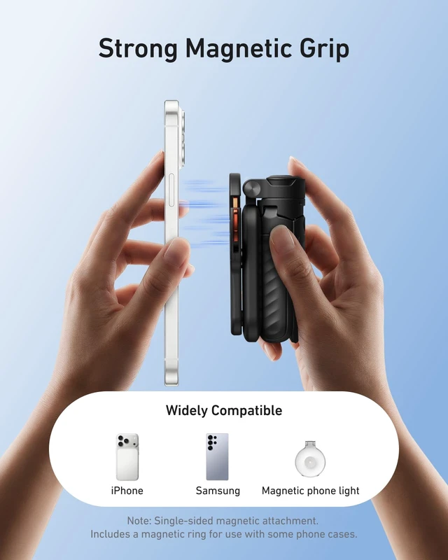 Alt view image 5 of 7 - Magnetic Mini Selfie Stick Tripod with Phone Camera Grip | 5 in 1 Cell Phone Stand with Detachable Button for iPhone 17 16 15 14 & Android, Pocket Size Phone Tripods with Carabiner