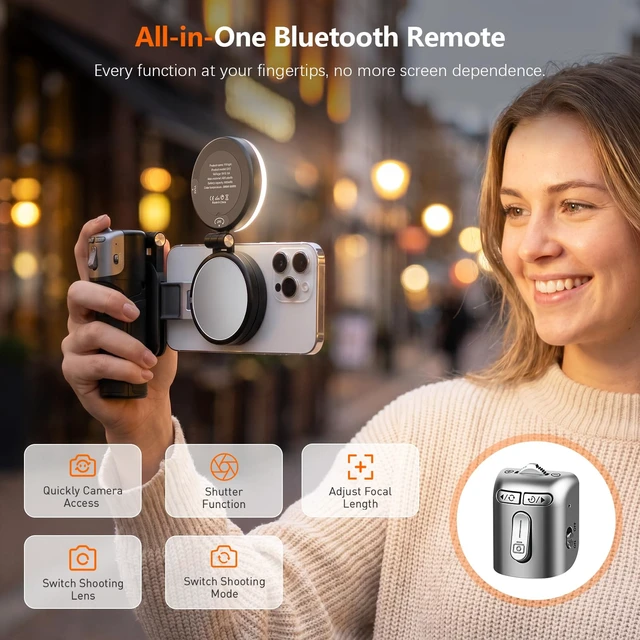 Alt view image 3 of 7 - Phone Camera Grip with Selfie Stick Tripod, Cellphone Accessories for iPhone 16 17 18 Pro Max with Multi-Functional Bluetooth Controller, Comfort Ergonomic Handle Holder, White