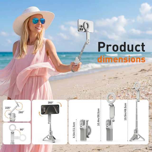 Alt view image 4 of 7 - Phone Camera Grip with Selfie Stick Tripod, Cellphone Accessories for iPhone 16 17 18 Pro Max with Multi-Functional Bluetooth Controller, Comfort Ergonomic Handle Holder, White