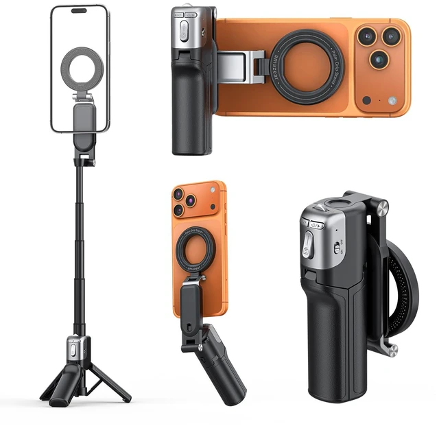 Main image of Phone Camera Grip with Selfie Stick Tripod, Cellphone Accessories for iPhone 16 17 18 Pro Max with Multi-Functional Bluetooth Controller, Comfort Ergonomic Handle Holder, Black