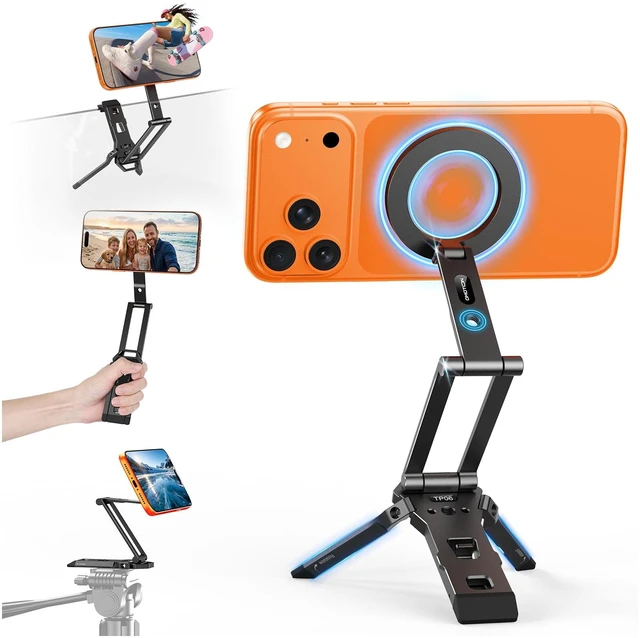 Main image of Magnetic Phone Tripod for iPhone 18Duo, with Arca-Swiss & 1/4" Screw | Multi-adjustment, Cell Phone Stand for MagSafe, Fold Hook, Fits Vlog, Creators, Live streaming, Women Men Gift, Selfie