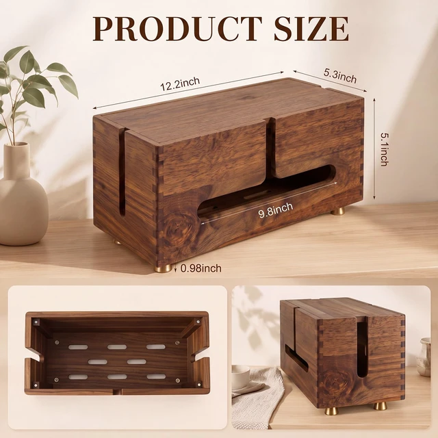 Alt view image 2 of 6 - Wood Cable Management Box Cord Organizer Box Storage Decorative | Brown Cord Hider Box with 4 Legs, for Power Strip, Desk Cable Storage, Cord Hideaway, for Home Office