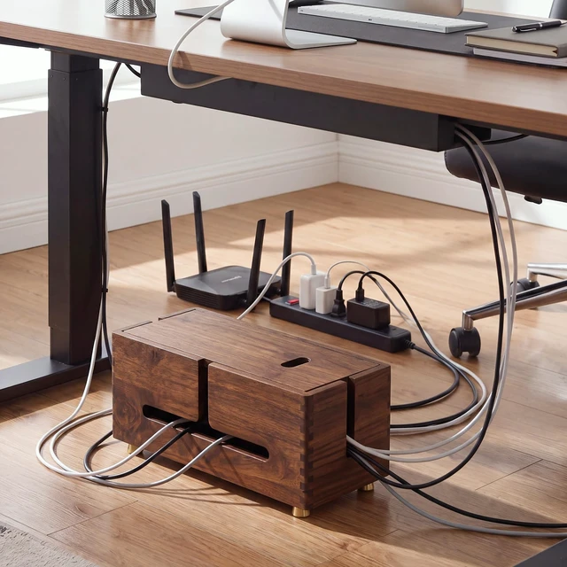 Alt view image 4 of 6 - Wood Cable Management Box Cord Organizer Box Storage Decorative | Brown Cord Hider Box with 4 Legs, for Power Strip, Desk Cable Storage, Cord Hideaway, for Home Office