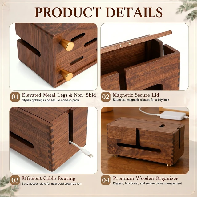Alt view image 3 of 6 - Wood Cable Management Box Cord Organizer Box Storage Decorative | Brown Cord Hider Box with 4 Legs, for Power Strip, Desk Cable Storage, Cord Hideaway, for Home Office