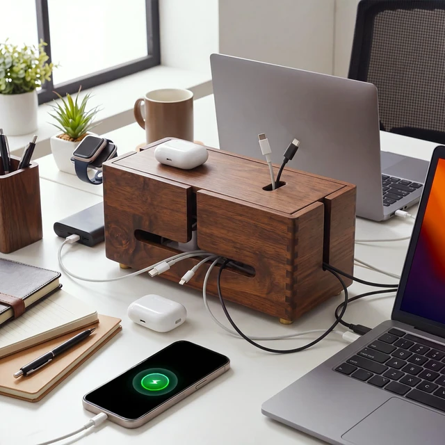 Alt view image 6 of 6 - Wood Cable Management Box Cord Organizer Box Storage Decorative | Brown Cord Hider Box with 4 Legs, for Power Strip, Desk Cable Storage, Cord Hideaway, for Home Office
