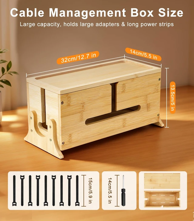 Alt view image 2 of 7 - Wood Cable Management Box with Removable Magnetic Lid & Support Legs | Heat Dissipation Cord Hider Organizer Box with 8 Bottom Ventilation Slots for Home & Office Hides Power Strip, TV Wires