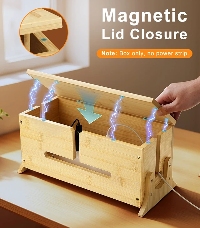 Alt view image 4 of 7 - Wood Cable Management Box with Removable Magnetic Lid & Support Legs | Heat Dissipation Cord Hider Organizer Box with 8 Bottom Ventilation Slots for Home & Office Hides Power Strip, TV Wires