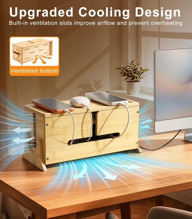 Alt view image 3 of 7 - Wood Cable Management Box with Removable Magnetic Lid & Support Legs | Heat Dissipation Cord Hider Organizer Box with 8 Bottom Ventilation Slots for Home & Office Hides Power Strip, TV Wires