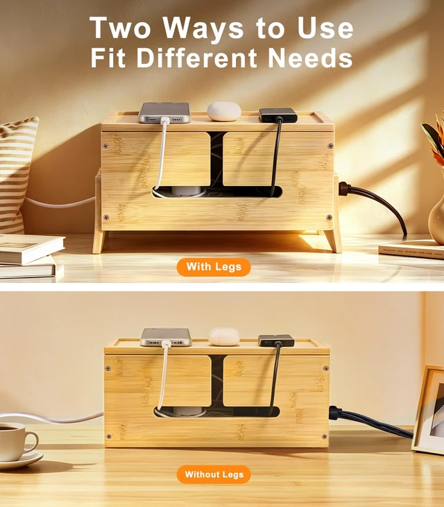 Alt view image 7 of 7 - Wood Cable Management Box with Removable Magnetic Lid & Support Legs | Heat Dissipation Cord Hider Organizer Box with 8 Bottom Ventilation Slots for Home & Office Hides Power Strip, TV Wires