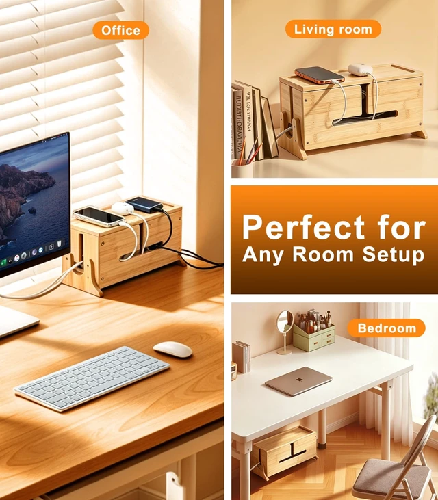 Alt view image 6 of 7 - Wood Cable Management Box with Removable Magnetic Lid & Support Legs | Heat Dissipation Cord Hider Organizer Box with 8 Bottom Ventilation Slots for Home & Office Hides Power Strip, TV Wires