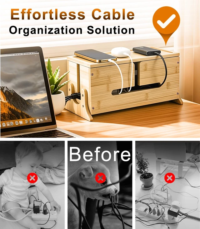 Alt view image 5 of 7 - Wood Cable Management Box with Removable Magnetic Lid & Support Legs | Heat Dissipation Cord Hider Organizer Box with 8 Bottom Ventilation Slots for Home & Office Hides Power Strip, TV Wires