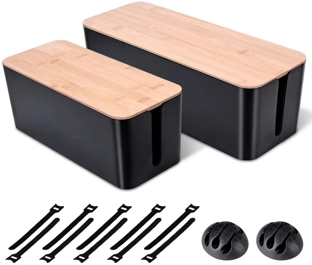 Main image of 2Pack Cable Management Box,Wooden Style Cord Organizer Cord Hide Box | Cable Organizer for TV Wires, Computer, USB Hub & Under Desk Power Strip, ABS Material, Baby Proof, Home & Office(Black)