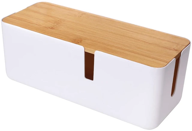 Main image of Small Cable Management Box with Bamboo Lid for Extension Cord Power Stripe Surge Protector Wire Concealer Organizer Cover Hider (White)