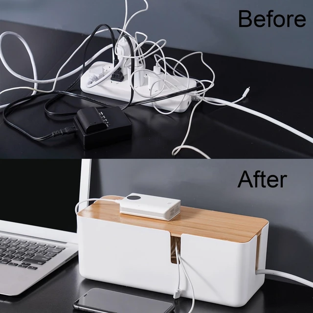 Alt view image 2 of 7 - Small Cable Management Box with Bamboo Lid for Extension Cord Power Stripe Surge Protector Wire Concealer Organizer Cover Hider (White)