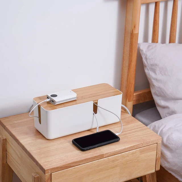 Alt view image 3 of 7 - Small Cable Management Box with Bamboo Lid for Extension Cord Power Stripe Surge Protector Wire Concealer Organizer Cover Hider (White)