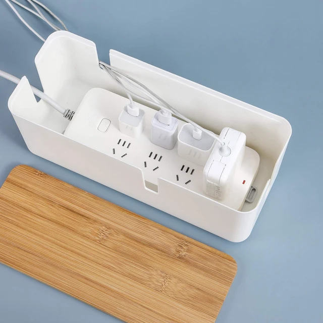 Alt view image 5 of 7 - Small Cable Management Box with Bamboo Lid for Extension Cord Power Stripe Surge Protector Wire Concealer Organizer Cover Hider (White)