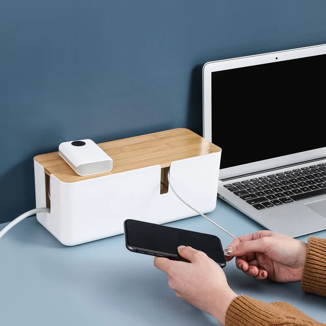 Alt view image 7 of 7 - Small Cable Management Box with Bamboo Lid for Extension Cord Power Stripe Surge Protector Wire Concealer Organizer Cover Hider (White)