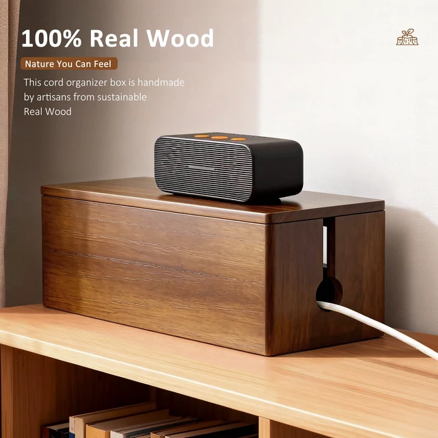 Alt view image 3 of 7 - Large Wooden Cable Management Box, Power Strip Cord Organizer Box | Electrical Hiding TV Wires, Desk & Floor Cables, Cord Hider for Office Living Room Bedroom, Cable Organizer for Desk