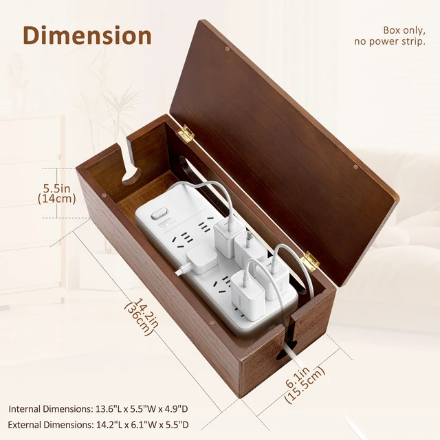 Alt view image 2 of 7 - Large Wooden Cable Management Box, Power Strip Cord Organizer Box | Electrical Hiding TV Wires, Desk & Floor Cables, Cord Hider for Office Living Room Bedroom, Cable Organizer for Desk