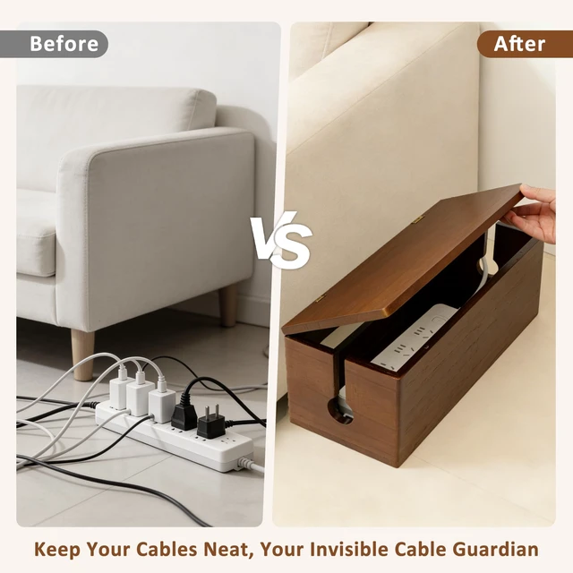 Alt view image 4 of 7 - Large Wooden Cable Management Box, Power Strip Cord Organizer Box | Electrical Hiding TV Wires, Desk & Floor Cables, Cord Hider for Office Living Room Bedroom, Cable Organizer for Desk