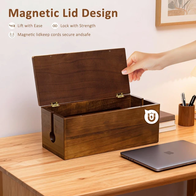 Alt view image 7 of 7 - Large Wooden Cable Management Box, Power Strip Cord Organizer Box | Electrical Hiding TV Wires, Desk & Floor Cables, Cord Hider for Office Living Room Bedroom, Cable Organizer for Desk