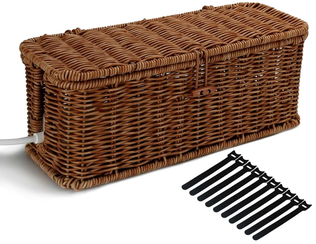 Main image of Cable Management Box, Desk Handwoven Rattan Cord Hider Cable Organizer Box With Lid Button Lock, Power Strip Cover Wicker Decorative Basket, Floor Wire Hiding Extension Cord Box (dark brown)