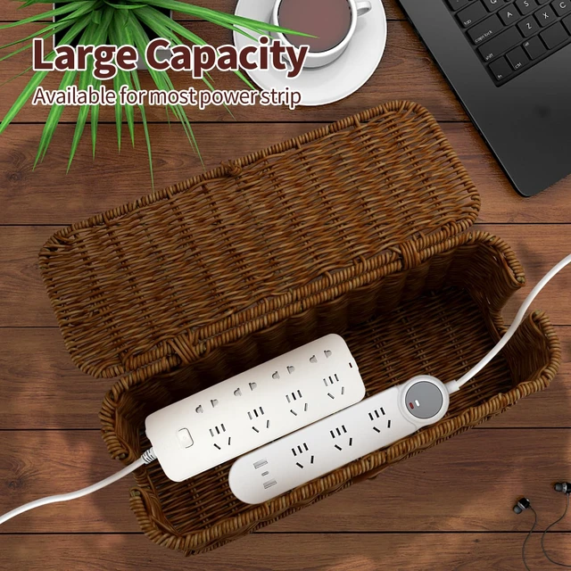 Alt view image 2 of 7 - Cable Management Box, Desk Handwoven Rattan Cord Hider Cable Organizer Box With Lid Button Lock, Power Strip Cover Wicker Decorative Basket, Floor Wire Hiding Extension Cord Box (dark brown)