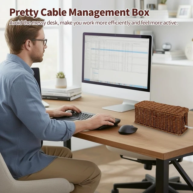 Alt view image 3 of 7 - Cable Management Box, Desk Handwoven Rattan Cord Hider Cable Organizer Box With Lid Button Lock, Power Strip Cover Wicker Decorative Basket, Floor Wire Hiding Extension Cord Box (dark brown)