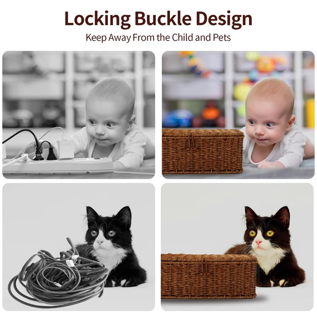 Alt view image 4 of 7 - Cable Management Box, Desk Handwoven Rattan Cord Hider Cable Organizer Box With Lid Button Lock, Power Strip Cover Wicker Decorative Basket, Floor Wire Hiding Extension Cord Box (dark brown)