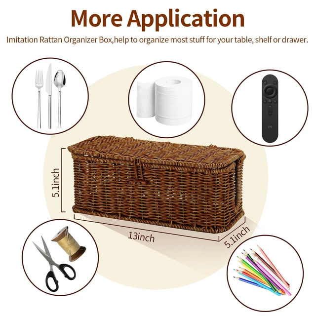 Alt view image 6 of 7 - Cable Management Box, Desk Handwoven Rattan Cord Hider Cable Organizer Box With Lid Button Lock, Power Strip Cover Wicker Decorative Basket, Floor Wire Hiding Extension Cord Box (dark brown)