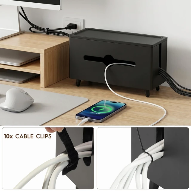 Alt view image 5 of 7 - Extra Large Cable Management BoxWood Cable Organizer Box,Power Strip Box & Organizer for Power Strip, TV Wires & Desk Cable Storage,Hide Desk Cord and Floor Cables (Black) (Black)