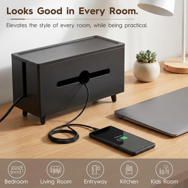 Alt view image 6 of 7 - Extra Large Cable Management BoxWood Cable Organizer Box,Power Strip Box & Organizer for Power Strip, TV Wires & Desk Cable Storage,Hide Desk Cord and Floor Cables (Black) (Black)