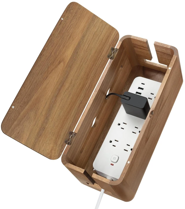 Main image of Acacia Wood Cord Management Box, Magnetic Lid, Hide Cable & Cord Organizer | Ventilated Cable Management Box, Under Desk Cord Hider for Office Desk & Floor, Cable Organizer for Power Strip and Cords