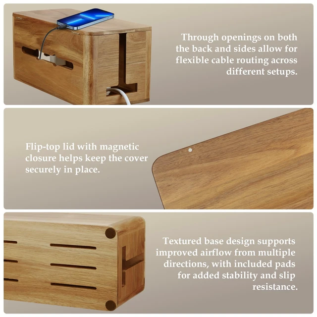 Alt view image 2 of 6 - Acacia Wood Cord Management Box, Magnetic Lid, Hide Cable & Cord Organizer | Ventilated Cable Management Box, Under Desk Cord Hider for Office Desk & Floor, Cable Organizer for Power Strip and Cords
