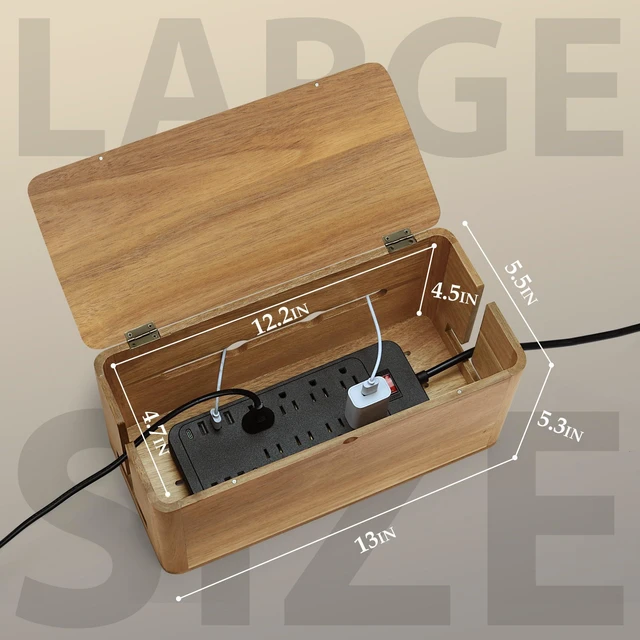 Alt view image 3 of 6 - Acacia Wood Cord Management Box, Magnetic Lid, Hide Cable & Cord Organizer | Ventilated Cable Management Box, Under Desk Cord Hider for Office Desk & Floor, Cable Organizer for Power Strip and Cords