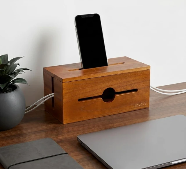 Alt view image 4 of 7 - Wooden Cable Management Box for Power Strips, Desk Cord Organizer for Home Office & TV Stand, Hidden Cable Storage with Phone Stand